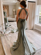 Mermaid Halter Neck Maxi Prom Dress with Bow