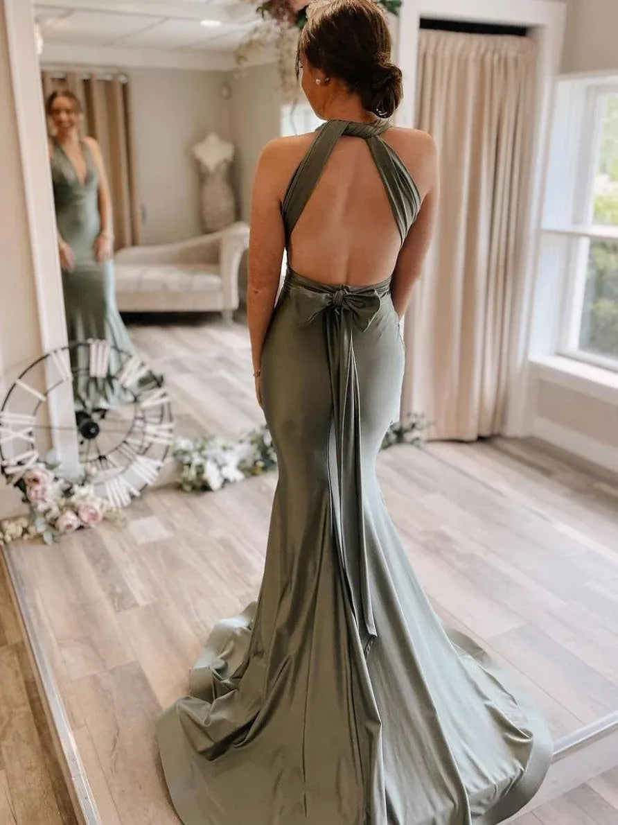 Mermaid Halter Neck Maxi Prom Dress with Bow
