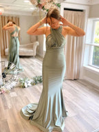 Mermaid Halter Neck Maxi Prom Dress with Bow