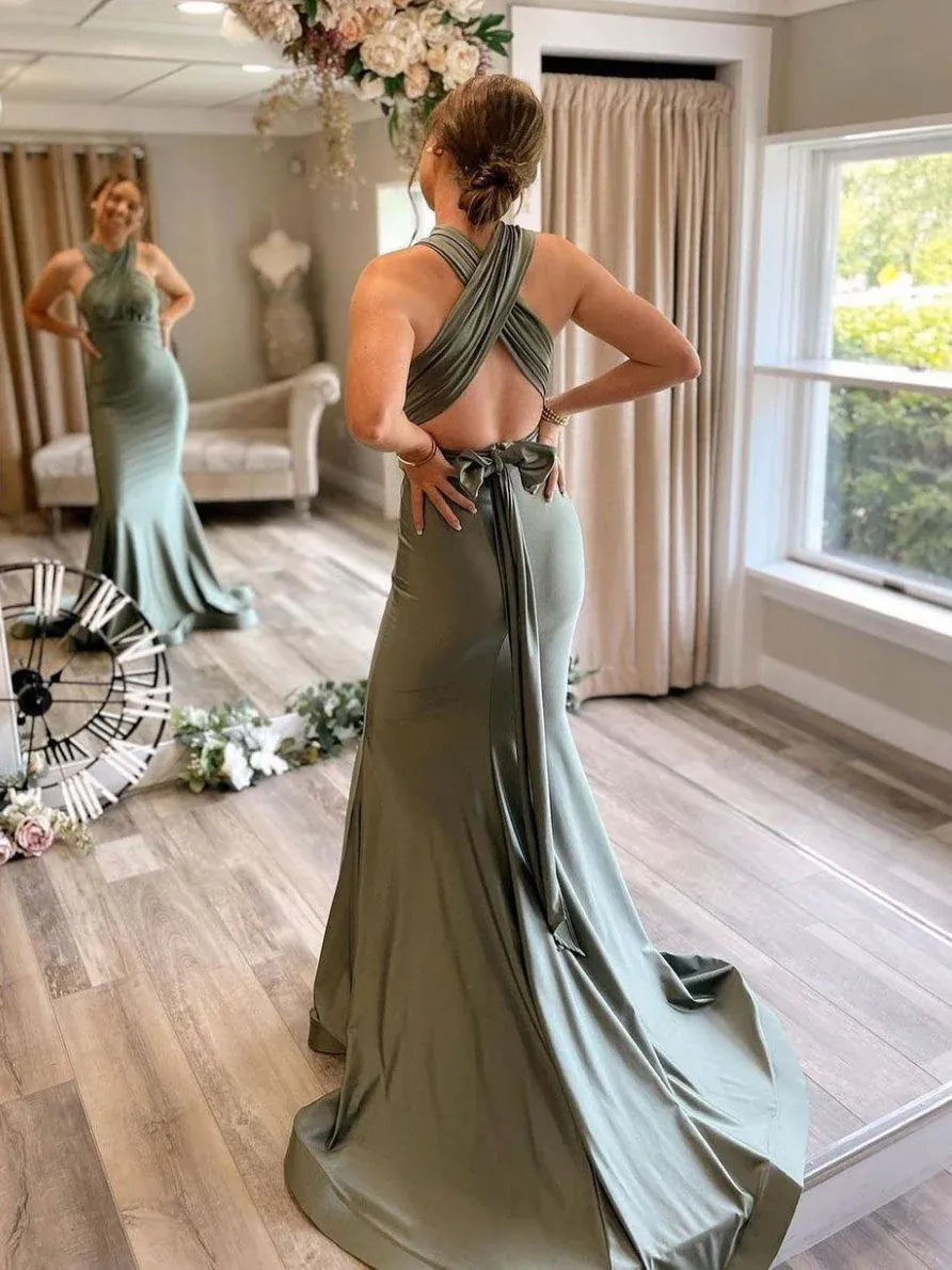 Mermaid Halter Neck Maxi Prom Dress with Bow