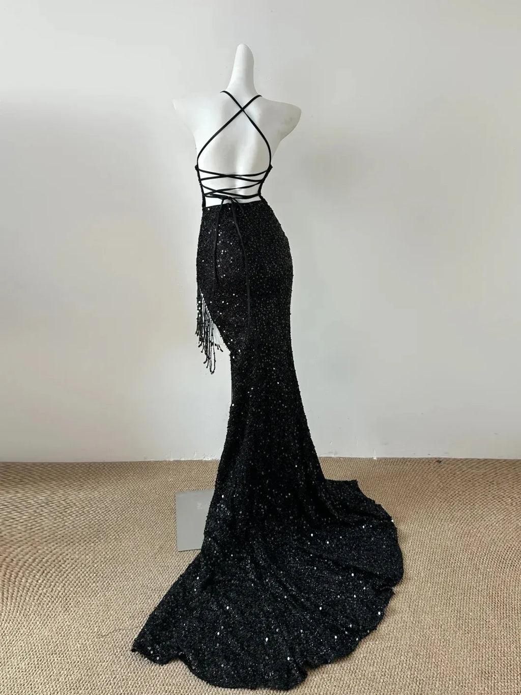 Glamorous Mermaid Halter Neck Sleeveless Lace Up Back Sequin Train Floor Length Female Prom Dress