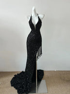 Glamorous Mermaid Halter Neck Sleeveless Lace Up Back Sequin Train Floor Length Female Prom Dress