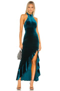 Glamorous Mermaid Halter Neck Sleeveless Open Back Ruffled Asymmetric Floor Length Evening Dress