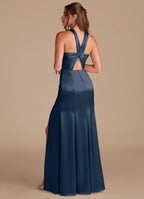 Glamorous Mermaid Halter Neck Sleeveless Twist Back Floor Length Bridesmaid Dress