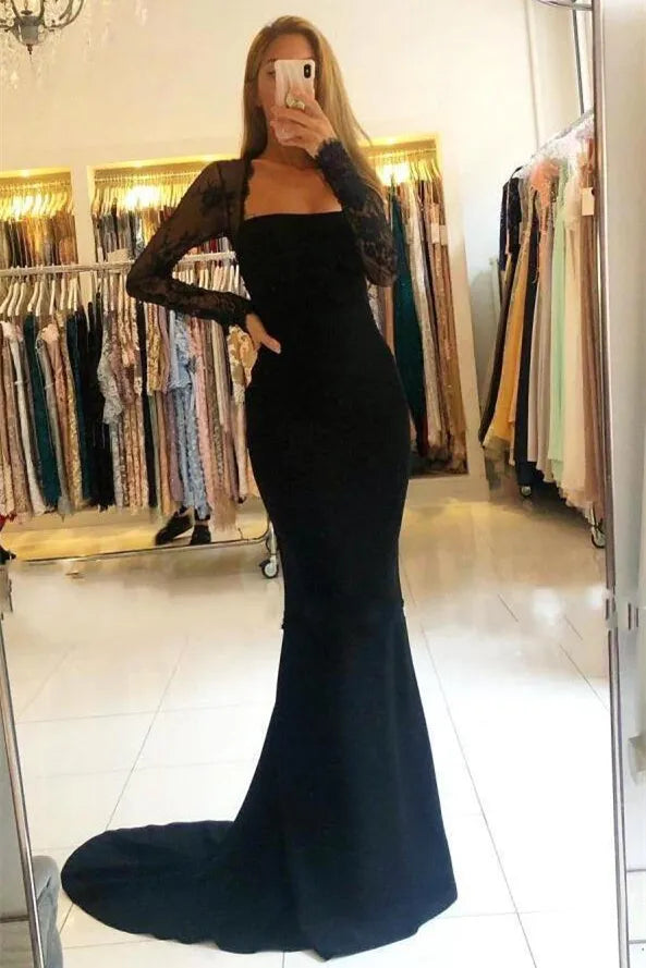 Mermaid Long Sleeve Sheer Backless Bow Detail Evening Dress With Train