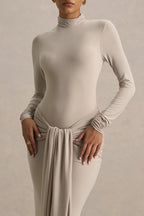 Glamorous Mermaid Mock Neck Long Sleeve Draped Side Back Slit Floor Length Evening Dress