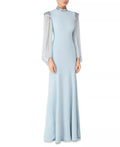 Glamorous Mermaid Mock Neck Sheer Sleeve Zipper Back Floor Length Prom Dress