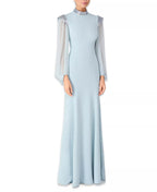 Glamorous Mermaid Mock Neck Sheer Sleeve Zipper Back Floor Length Prom Dress
