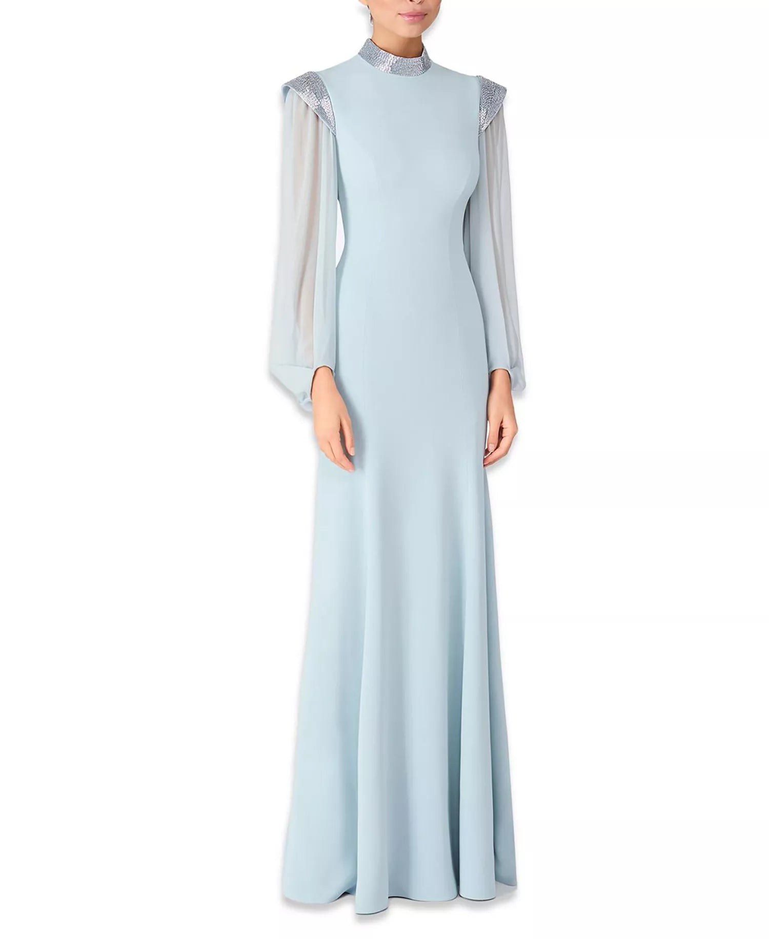 Glamorous Mermaid Mock Neck Sheer Sleeve Zipper Back Floor Length Prom Dress