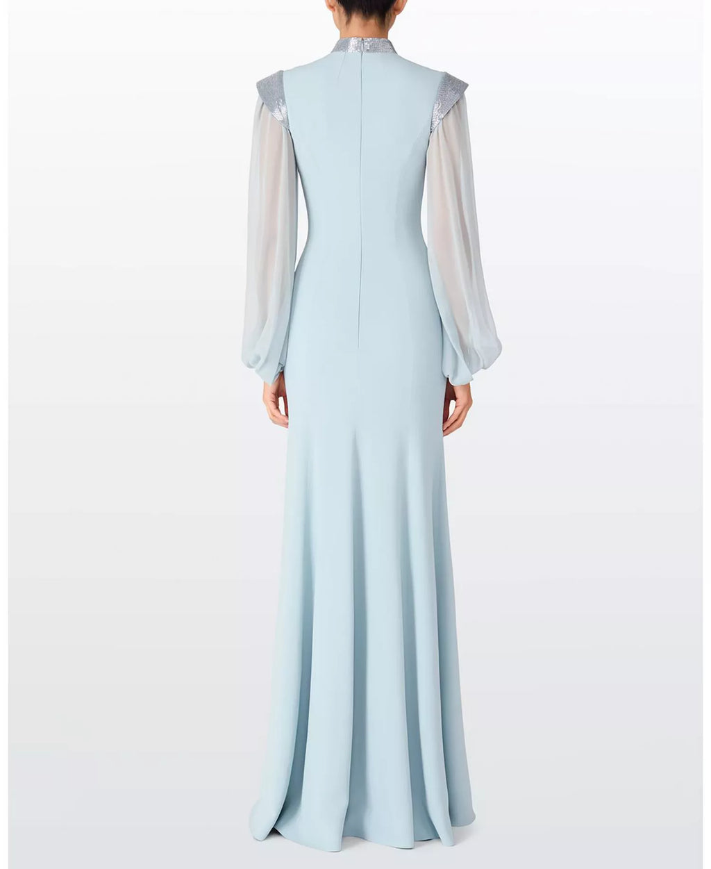 Glamorous Mermaid Mock Neck Sheer Sleeve Zipper Back Floor Length Prom Dress