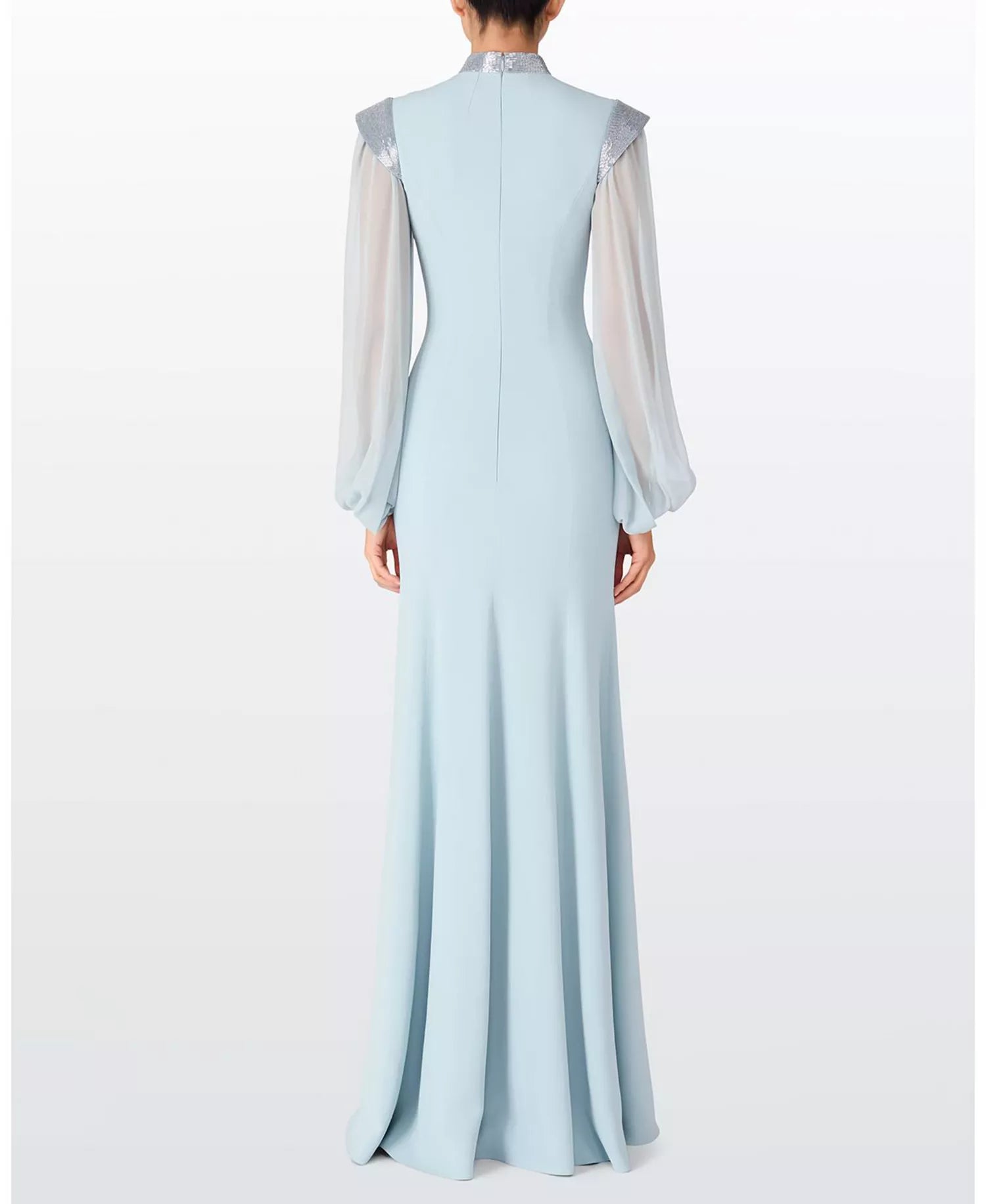 Glamorous Mermaid Mock Neck Sheer Sleeve Zipper Back Floor Length Prom Dress