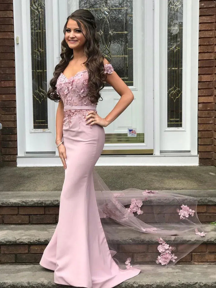 Mermaid Off Shoulder 3D Floral Maxi Prom Dress