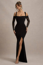 Glamorous Mermaid Off Shoulder Mesh Sleeve Zip Back Floor Length Evening Dress