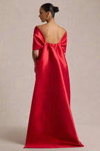 Glamorous Mermaid Off Shoulder Short Sleeve Bow Back Floor Length Evening Dress
