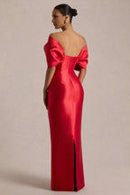 Glamorous Mermaid Off Shoulder Short Sleeve Bow Back Floor Length Evening Dress