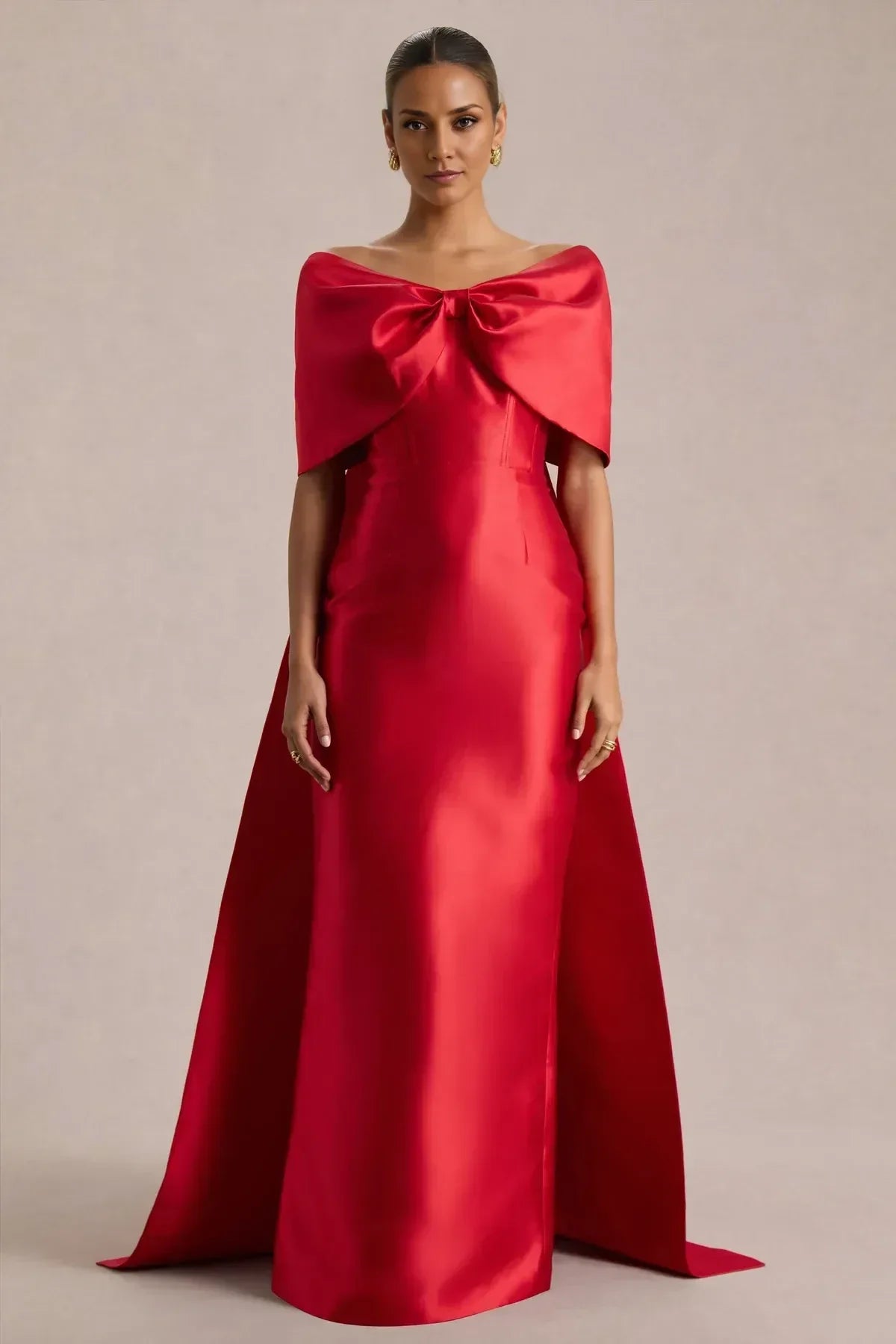 Glamorous Mermaid Off Shoulder Short Sleeve Bow Back Floor Length Evening Dress