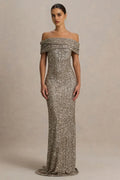 Glamorous Mermaid Off Shoulder Short Sleeve Zip Back Floor Length Evening Dress