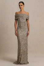Glamorous Mermaid Off Shoulder Short Sleeve Zip Back Floor Length Evening Dress