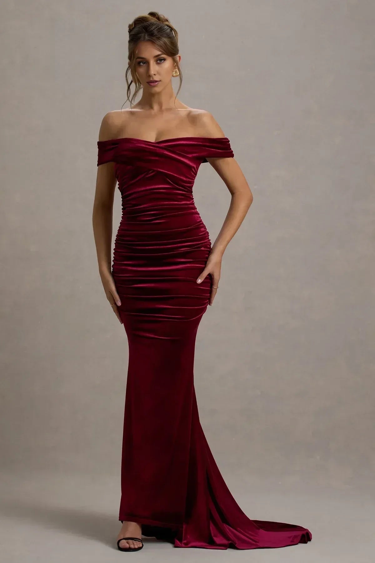 Glamorous Mermaid Off Shoulder Sleeveless Ruched Body Train Trim Floor Length Evening Dress