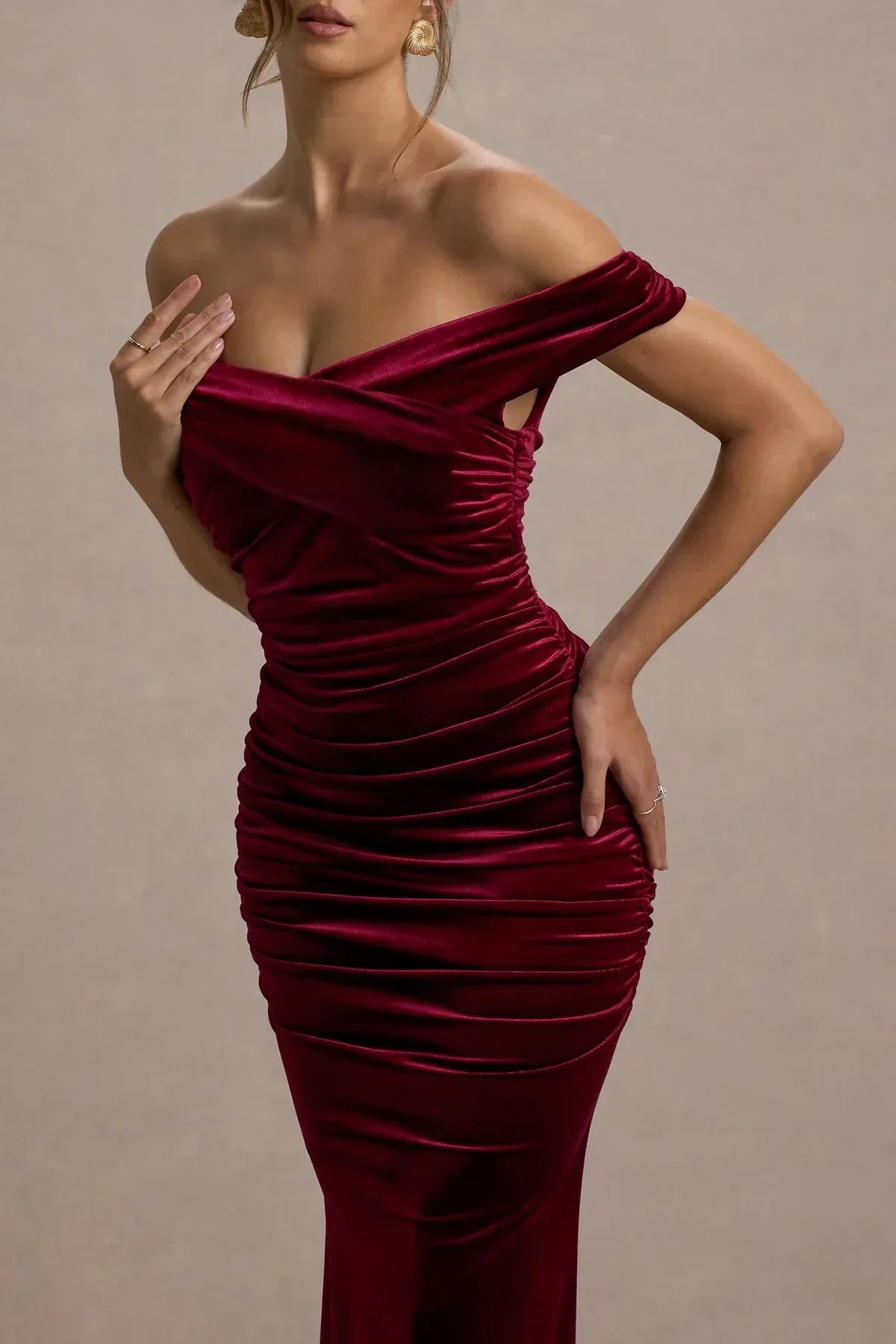 Glamorous Mermaid Off Shoulder Sleeveless Ruched Body Train Trim Floor Length Evening Dress