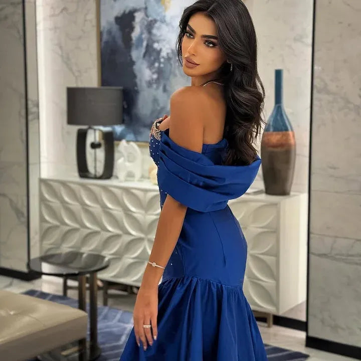 Mermaid Off-The-Shoulder Beaded Evening Dress With Ruffle Hem