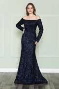 Glamorous Mermaid Off-the Shoulder Long Sleeve Closed Back Floor Length Prom Dress