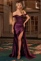 Glamorous Mermaid Off the Shoulder Short Sleeve Open Back Train Length Prom Dress