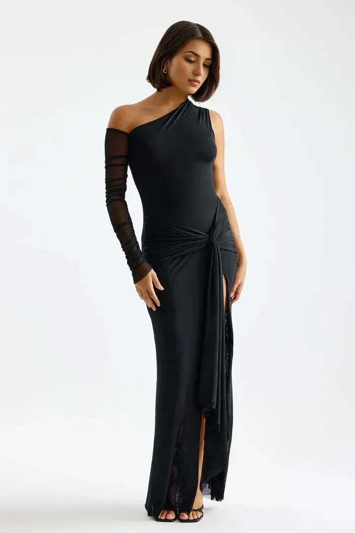 Glamorous Mermaid One Shoulder Mesh Sleeve Ruched Back Slit Floor Length For Sale Prom Dress
