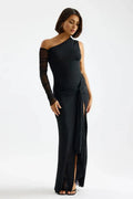 Glamorous Mermaid One Shoulder Mesh Sleeve Ruched Back Slit Floor Length For Sale Prom Dress