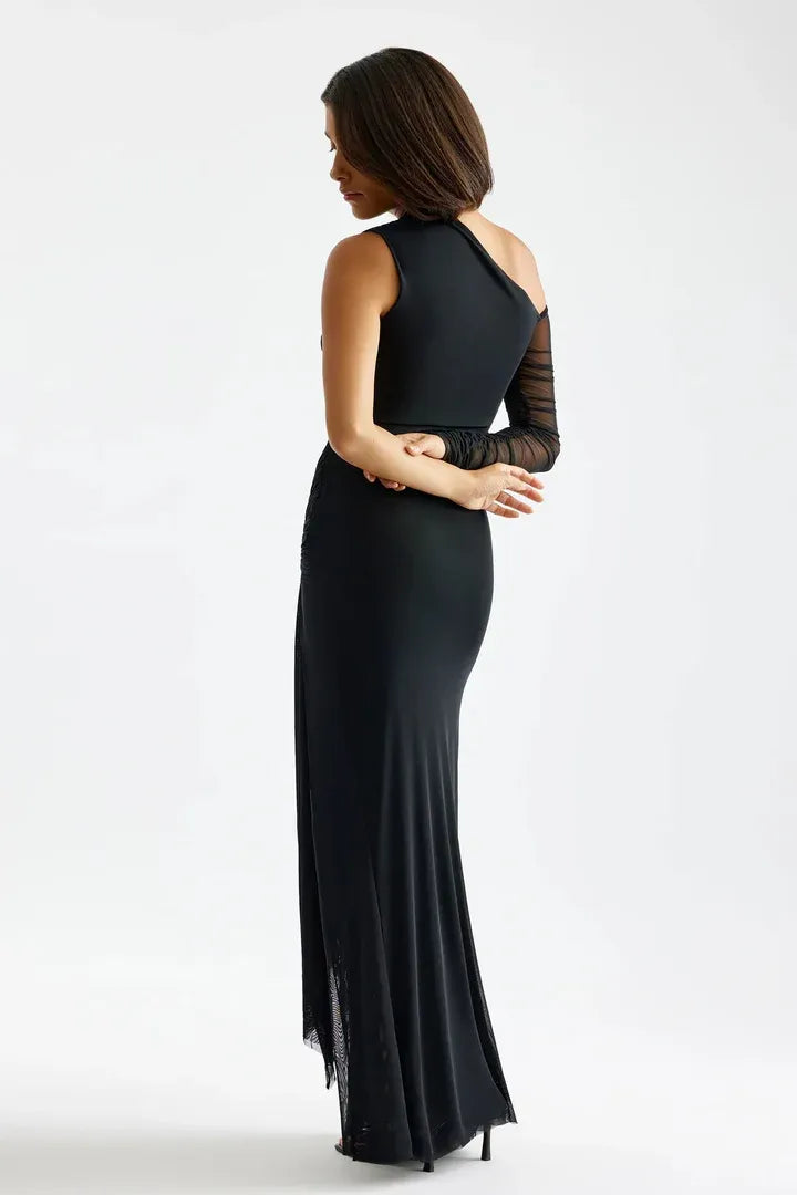 Glamorous Mermaid One Shoulder Mesh Sleeve Ruched Back Slit Floor Length For Sale Prom Dress