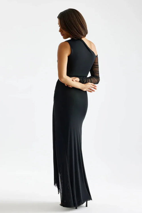 Robe de bal sirène glamour à une épaule, manches en maille, dos froncé, fente et longueur ras du sol à vendre