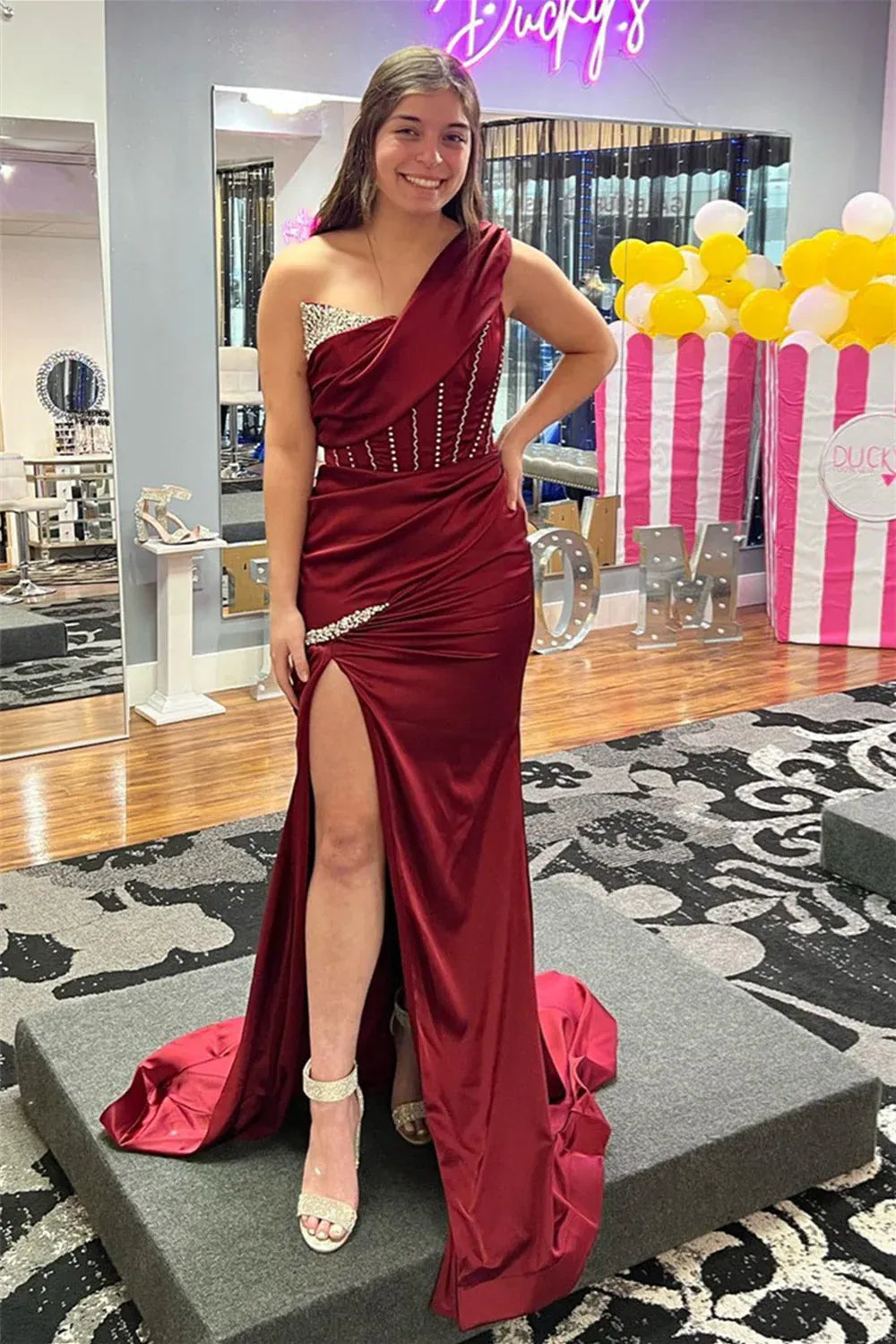 Mermaid One Shoulder Single Sleeve Maxi Prom Dress