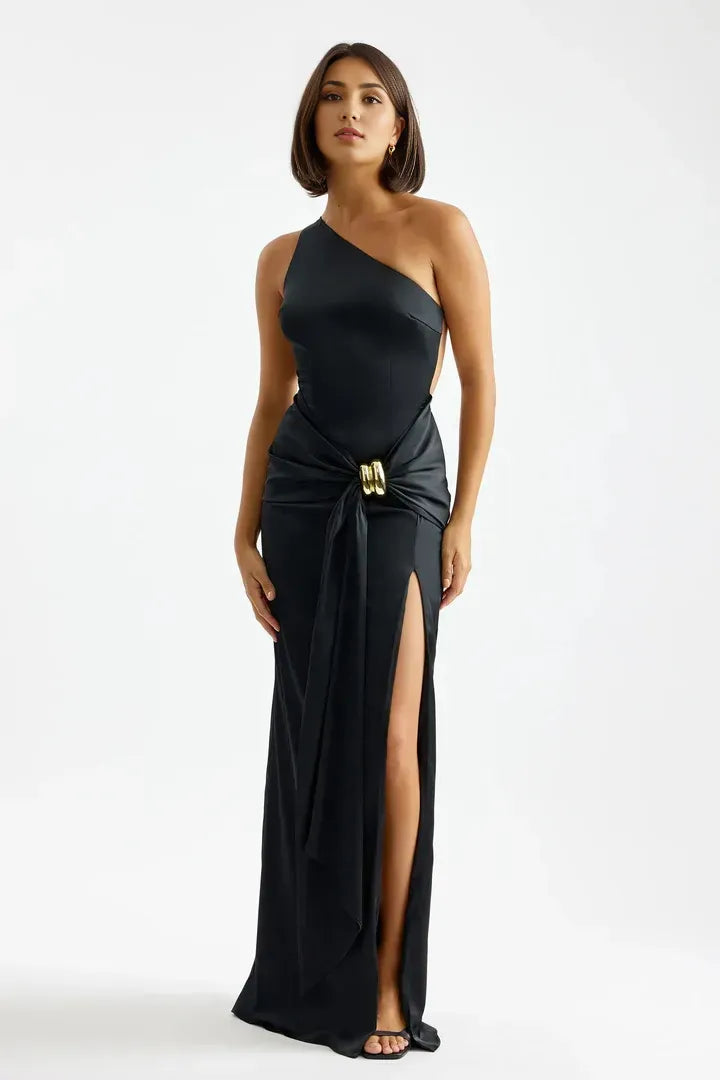 Glamorous Mermaid One-Shoulder Sleeveless Cutout Cross Back Slit Floor Length Prom Dress
