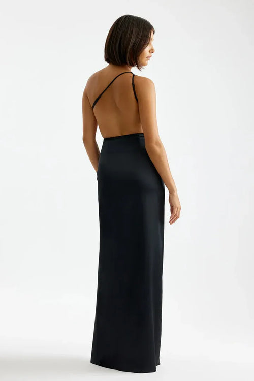 Robe de bal sirène glamour à une épaule, sans manches, avec découpes, dos croisé et fente, longueur ras du sol