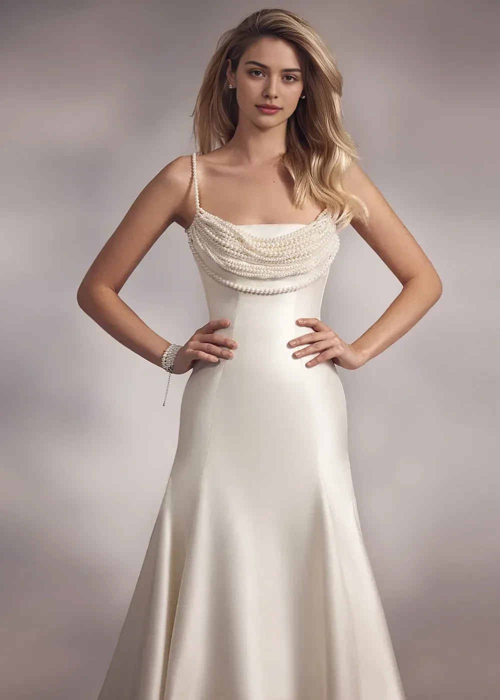 Glamorous Mermaid Pearl Embellished Spaghetti Strap Lace Up Back Long Length Wedding Dress