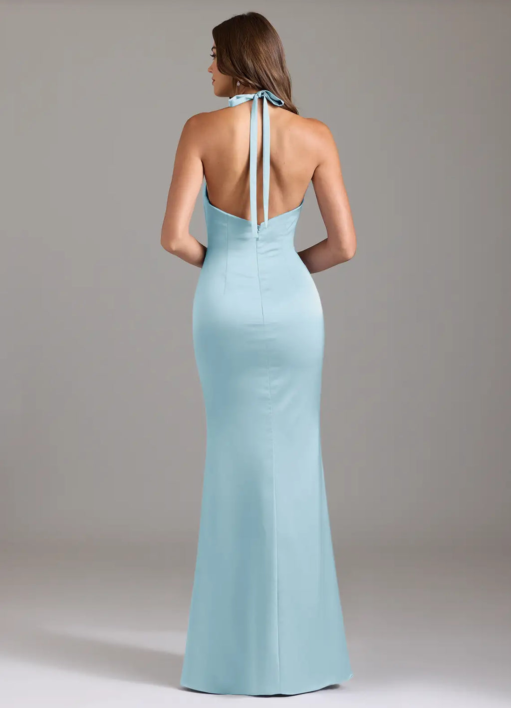 Glamorous Mermaid Satin Halter Neck Sleeveless Tie Back Floor Length Bridesmaid Dress