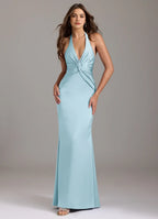 Glamorous Mermaid Satin Halter Neck Sleeveless Tie Back Floor Length Bridesmaid Dress