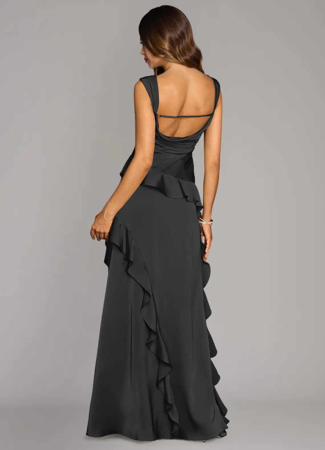 Glamorous Mermaid Satin Square Neck Sleeveless Strap Back Floor Length Bridesmaid Dress