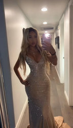 Mermaid Sleeveless V-Neck Rhinestone-Embellished Floor-Length Evening Gown