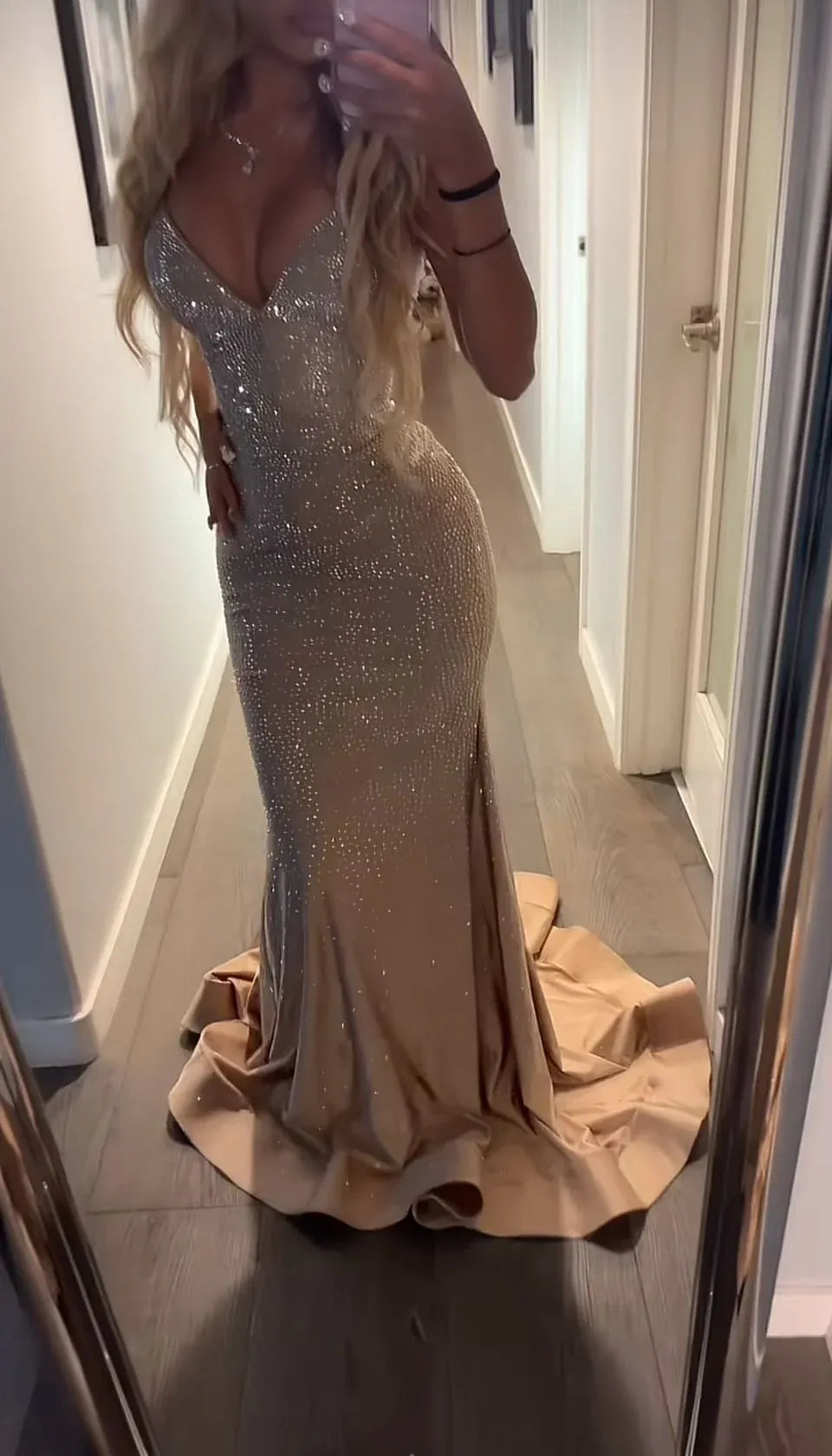Mermaid Sleeveless V-Neck Rhinestone-Embellished Floor-Length Evening Gown
