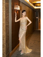 Mermaid Spaghetti Strap Low Back High Slit Floor-Length Evening Gown