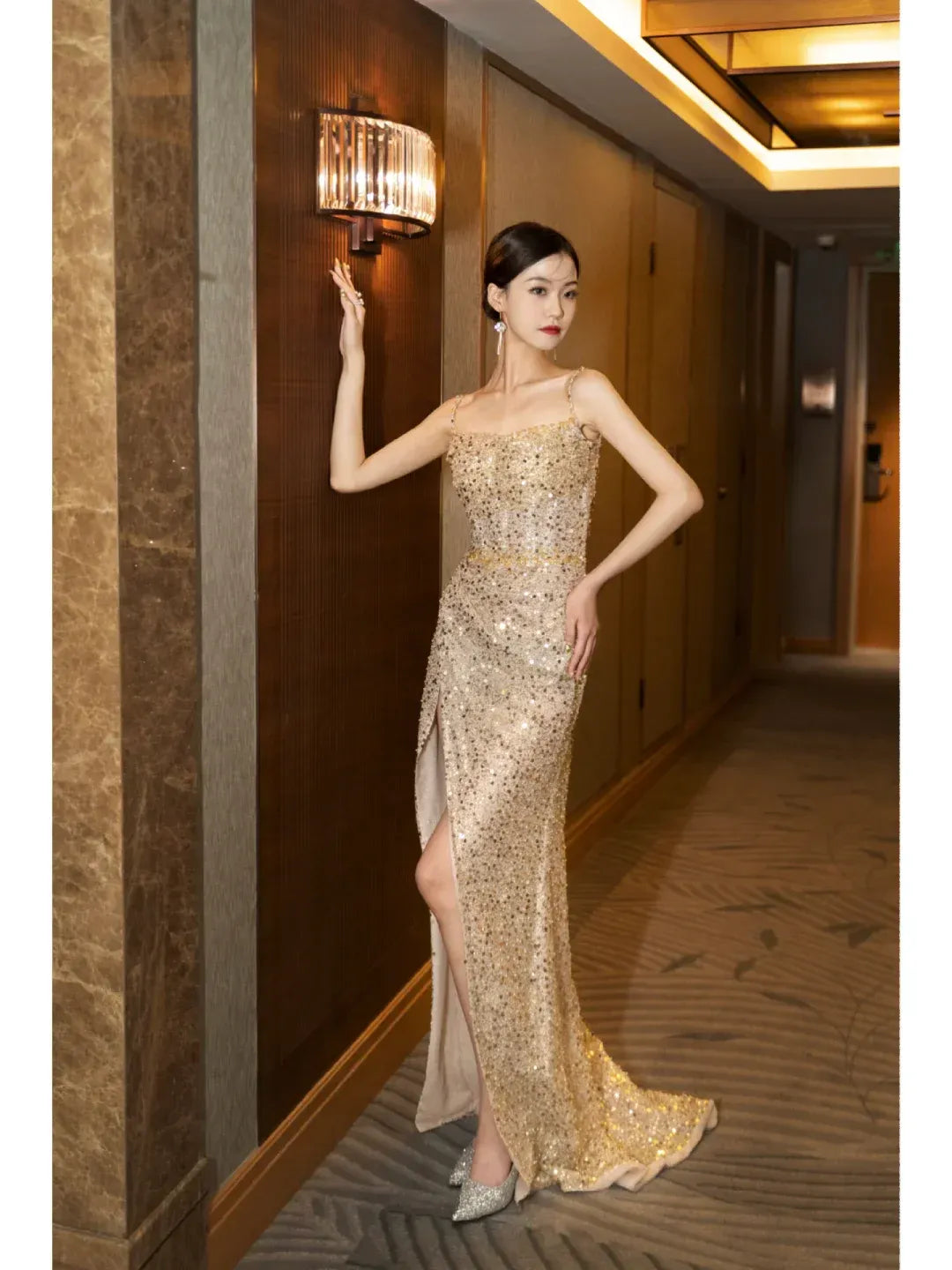 Mermaid Spaghetti Strap Low Back High Slit Floor-Length Evening Gown
