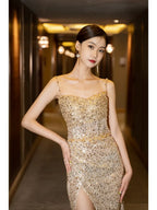 Mermaid Spaghetti Strap Low Back High Slit Floor-Length Evening Gown