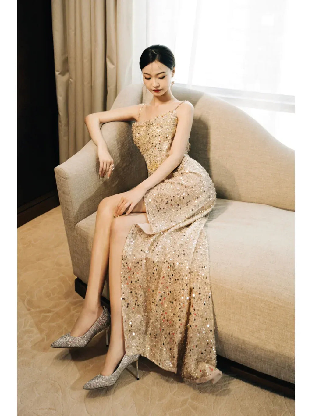 Mermaid Spaghetti Strap Low Back High Slit Floor-Length Evening Gown