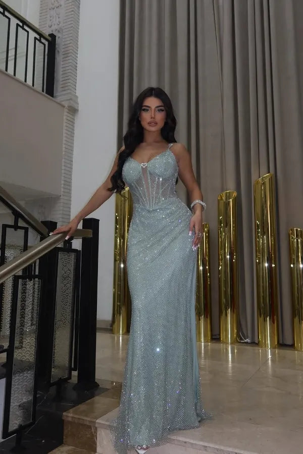 Mermaid Spaghetti Strap Sheer Corset Lace-Up Beaded Maxi Dress With Train