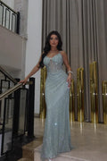 Mermaid Spaghetti Strap Sheer Corset Lace-Up Beaded Maxi Dress With Train