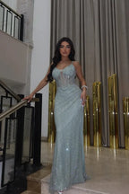 Mermaid Spaghetti Strap Sheer Corset Lace-Up Beaded Maxi Dress With Train
