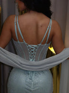 Mermaid Spaghetti Strap Sheer Corset Lace-Up Beaded Maxi Dress With Train