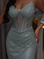 Mermaid Spaghetti Strap Sheer Corset Lace-Up Beaded Maxi Dress With Train