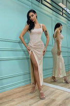 Mermaid Square Neck Ruched Twist Detail Maxi Dress With Slit